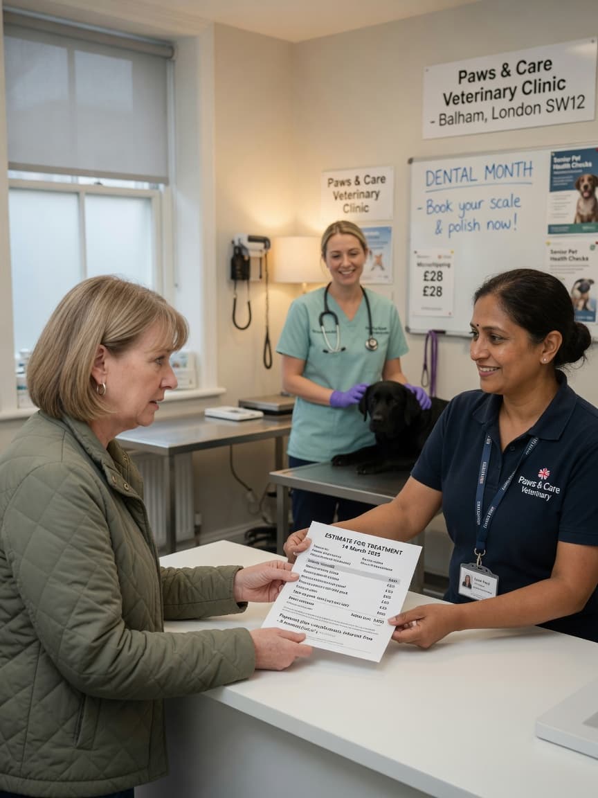Veterinary receptionist discussing vet costs and payment options with pet owner at practice desk