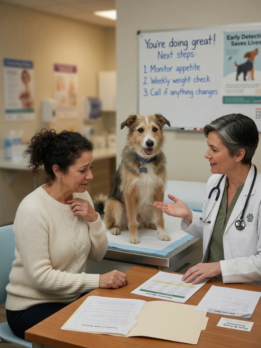 Pet owner discussing veterinary payment options with a sympathetic vet while their dog sits on the examination table