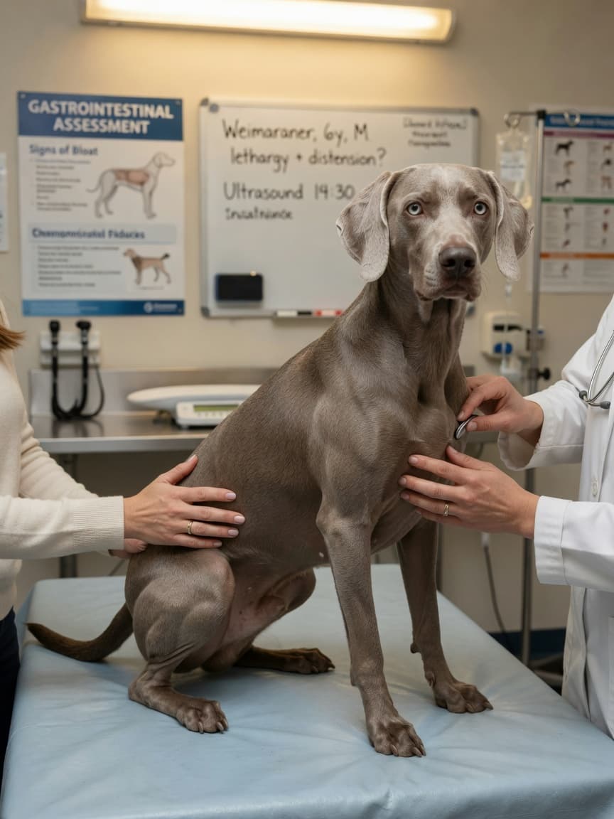 Silver Weimaraner on veterinary examination table with vet checking dog's chest and owner watching