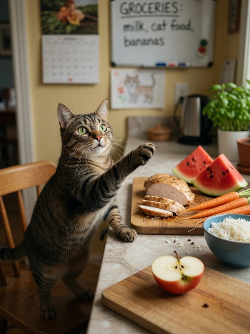 Tabby cat reaching toward kitchen counter with safe human foods including chicken, carrots, watermelon, and rice