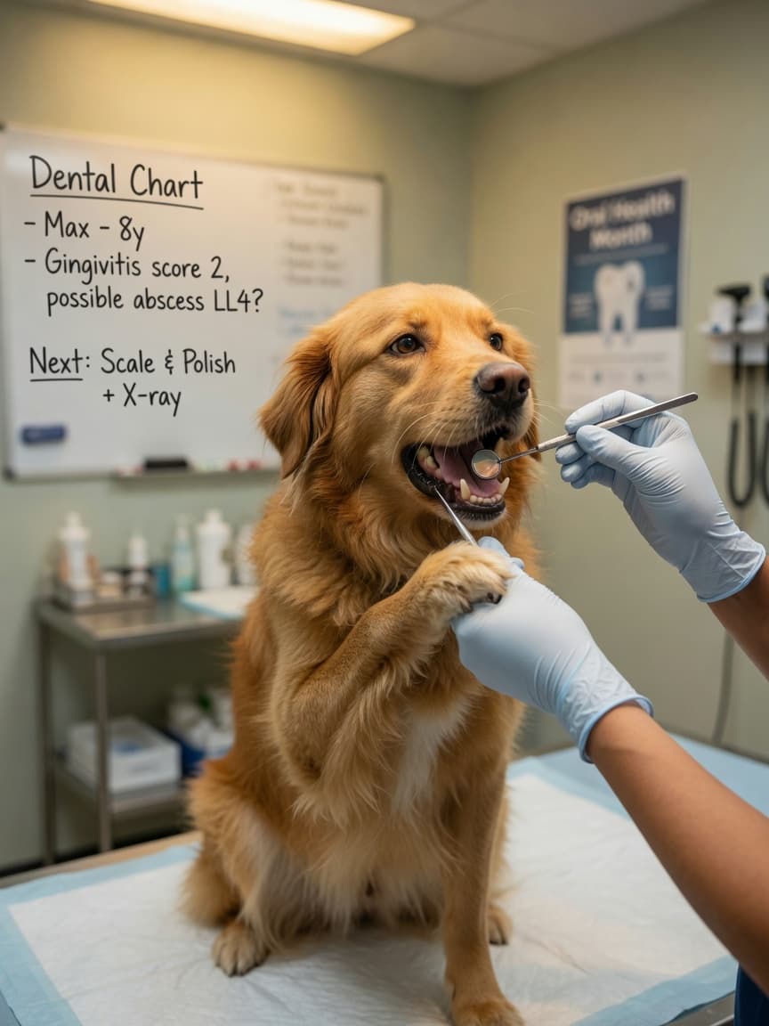 Veterinarian examining a dog's teeth and mouth during a dental checkup