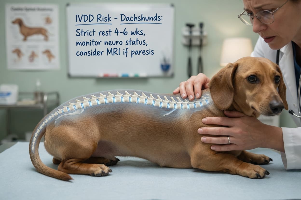 Veterinarian examining dachshund's spine at examination table, highlighting intervertebral disc disease concern