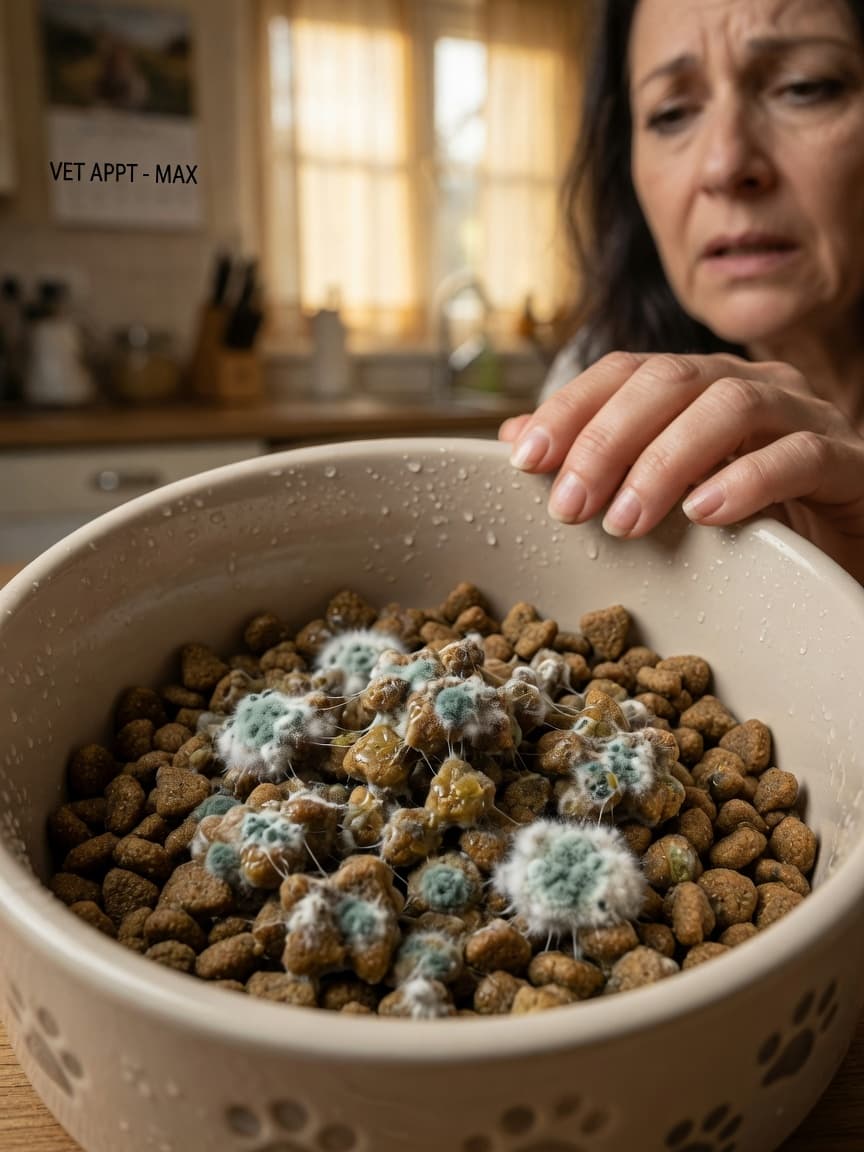 Close-up of dog kibble contaminated with fuzzy white and green mold growth, with an owner's concerned hand nearby