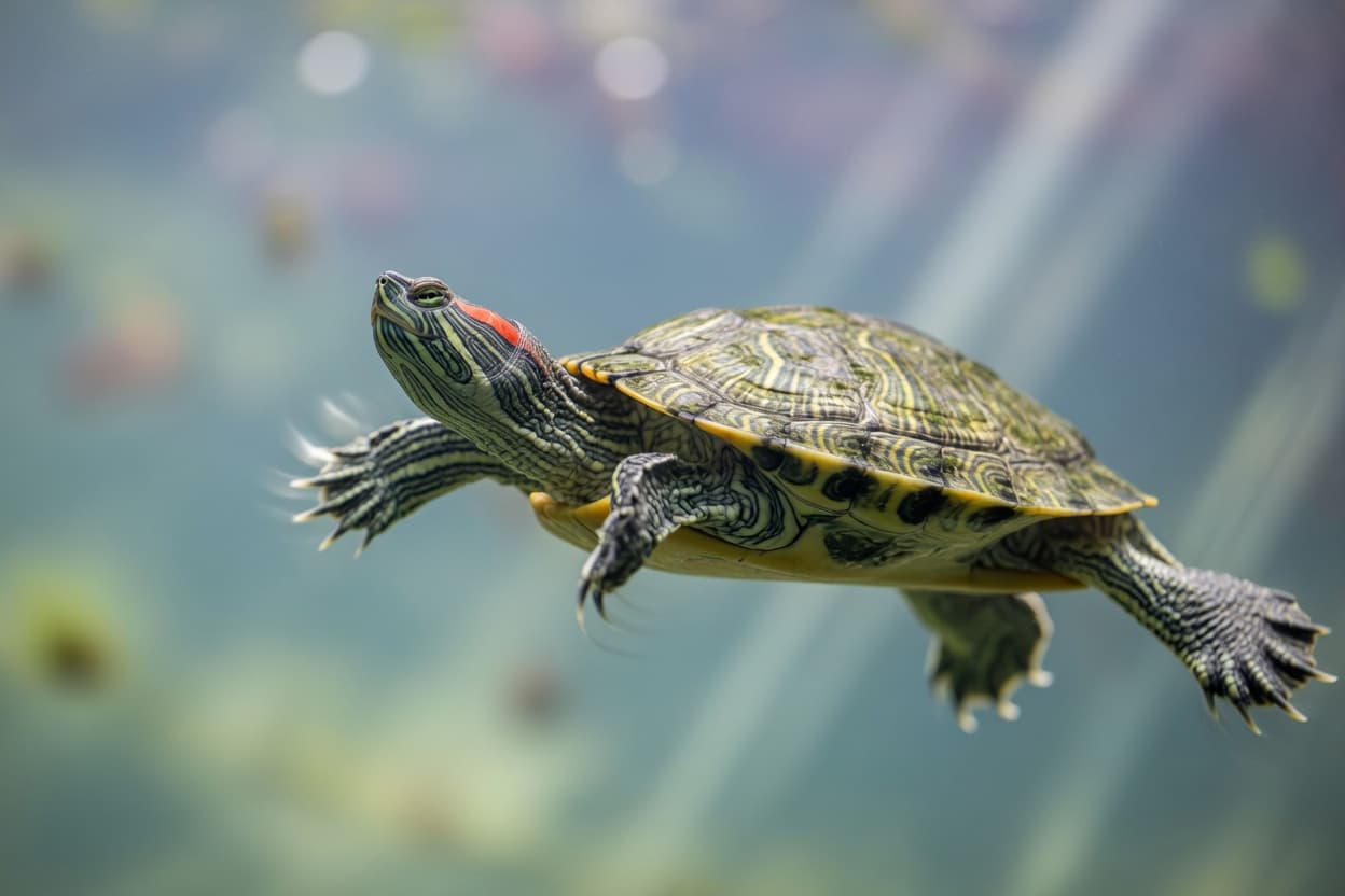 Red-eared slider turtle with fluttering front claws during courtship display