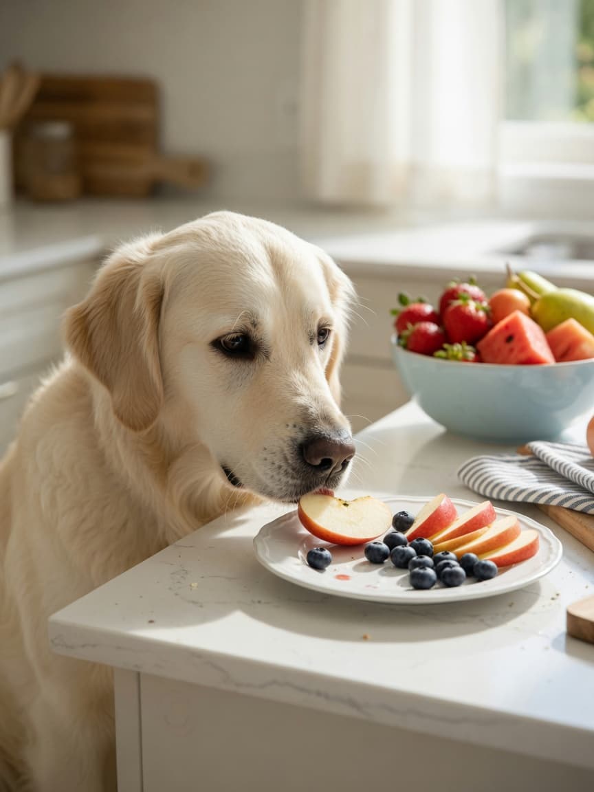 Golden retriever sniffing fresh apple slices and blueberries on a kitchen counter