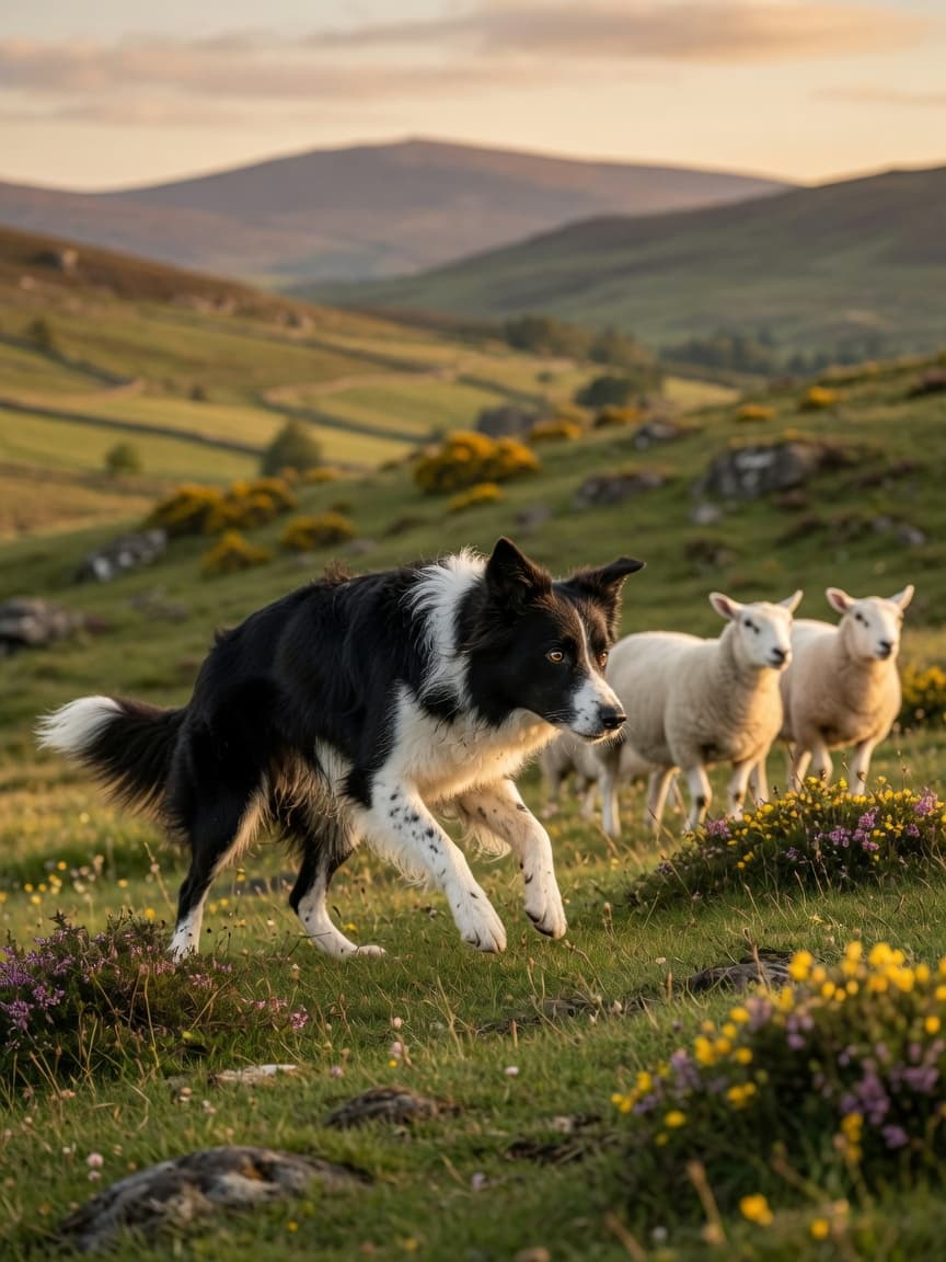 A focused Border Collie with black and white coat herding sheep across a Scottish hillside in golden afternoon light