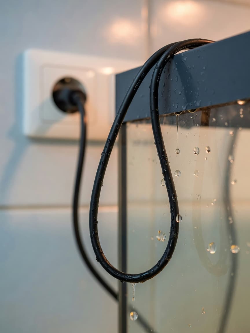 Aquarium power cord with a proper drip loop hanging below the tank, water droplets running down the cord away from the electrical outlet