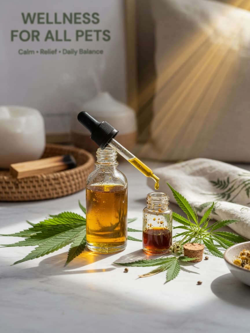 Golden CBD oil extract in a dropper bottle next to fresh hemp leaves and extracted concentrate vial on a white surface with natural sunlight