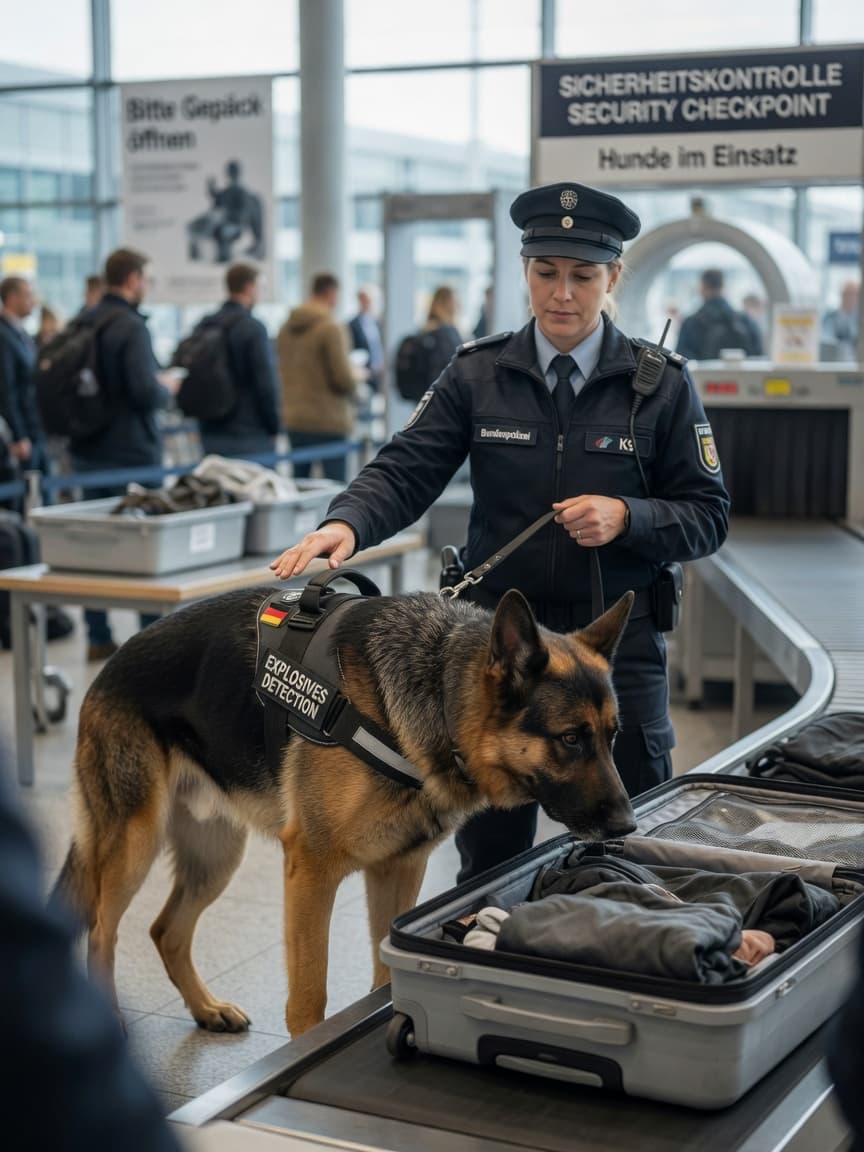 A trained German Shepherd detection dog working with its handler at an airport security checkpoint, demonstrating the handler-dog partnership essential for successful detection work
