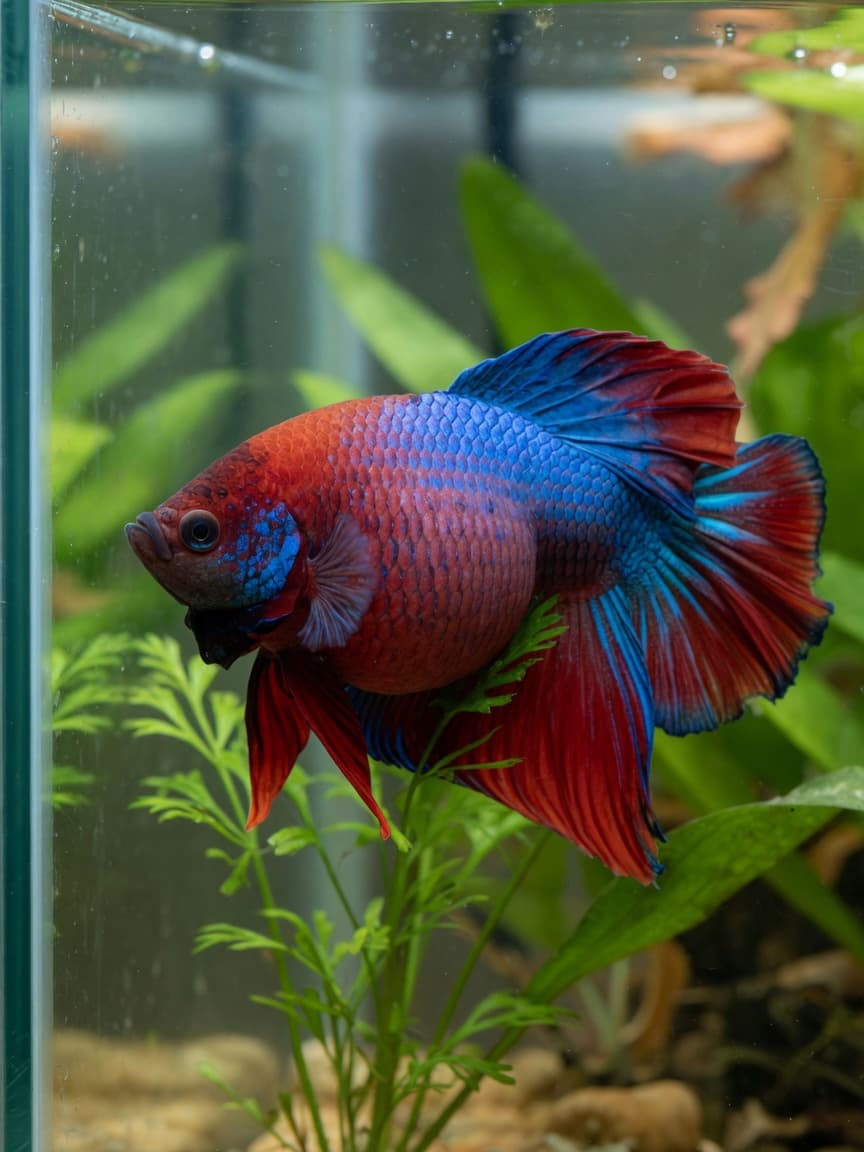 Overweight betta fish with bloated barrel-shaped body inside aquarium