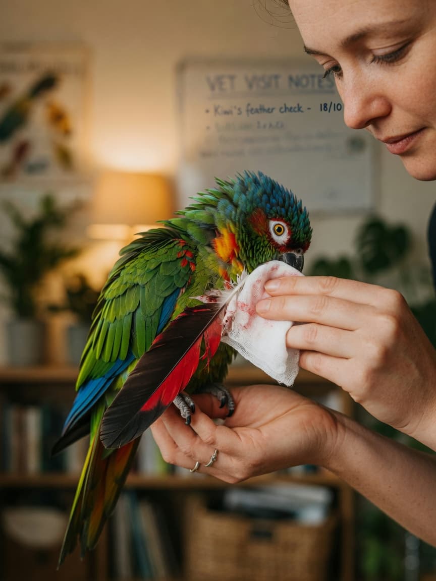 Bird owner gently applying gauze to parrot's broken blood feather during first aid treatment at home