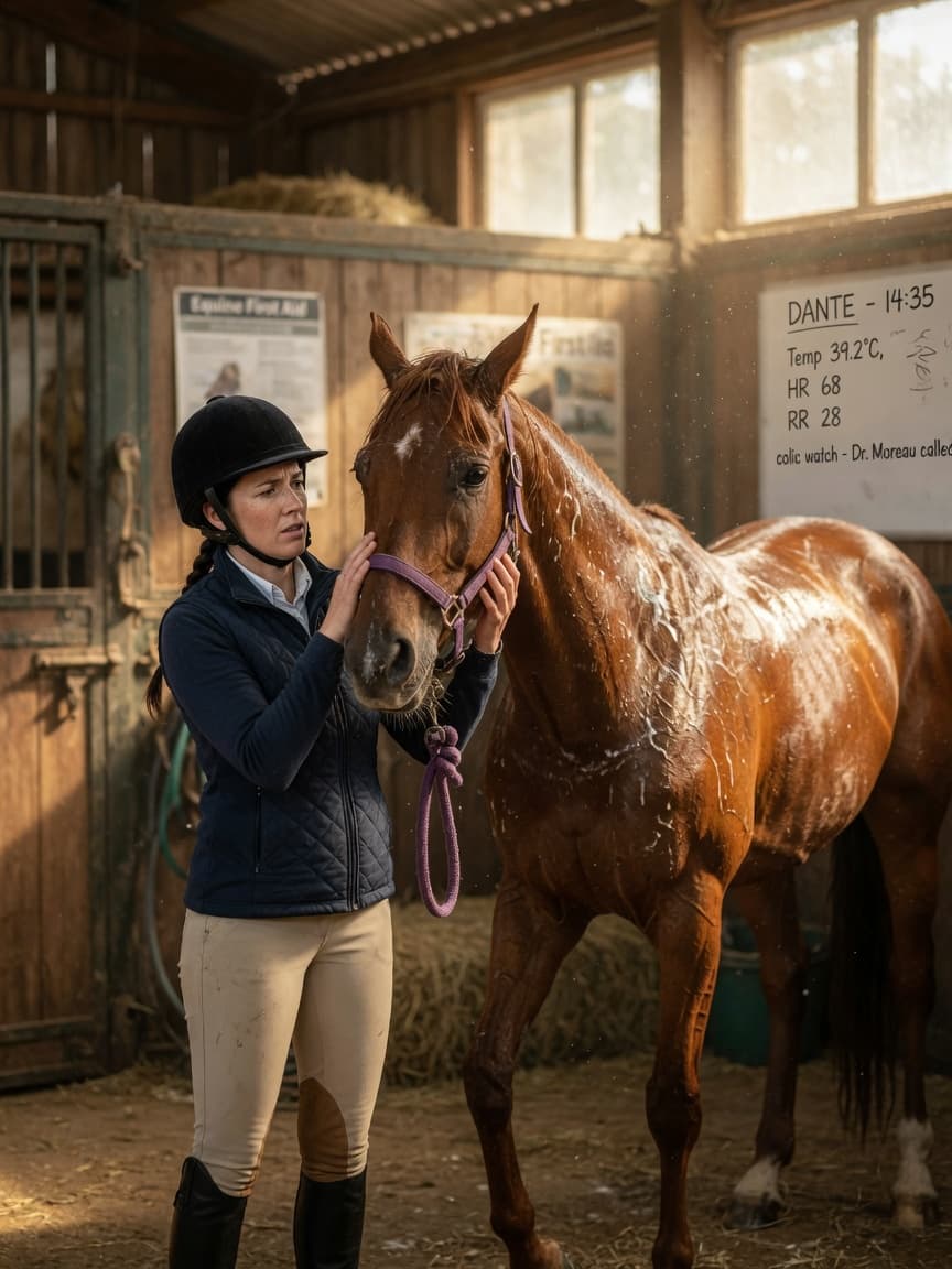 Horse owner checking on distressed chestnut horse showing signs of colic in stable