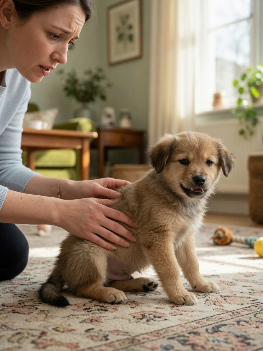 A concerned dog owner gently examining their puppy's abdomen for signs of constipation and discomfort in a warm, naturally lit home