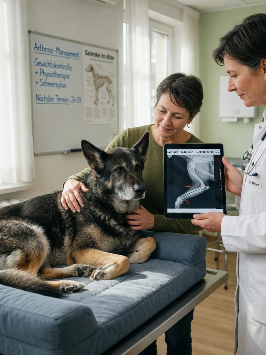 Senior German Shepherd with owner and veterinarian in clinic examining leg lameness