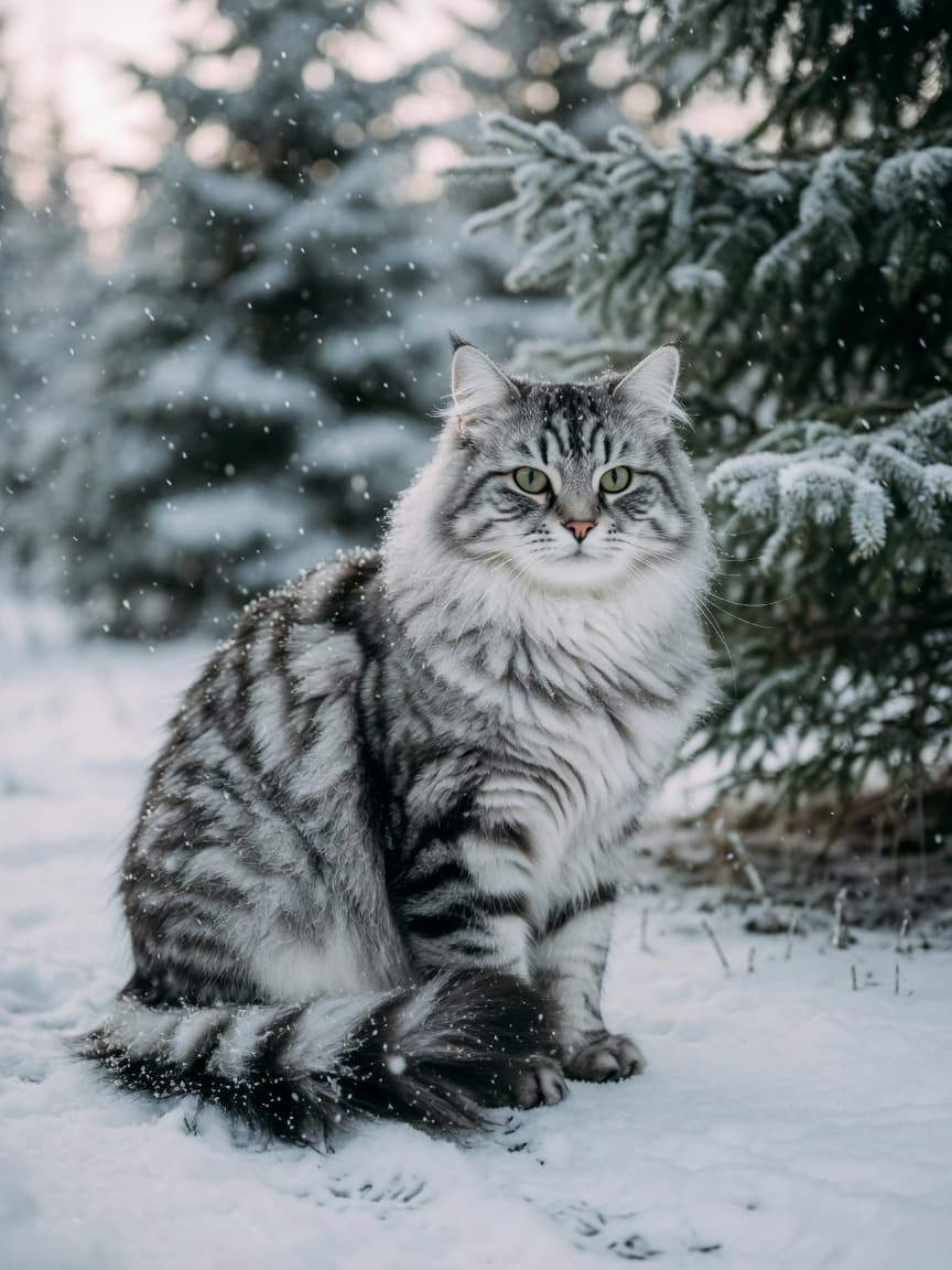 Siberian cat with silver tabby coat in snowy forest with tufted ears and bushy tail