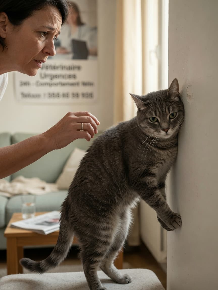 Gray tabby cat pressing head against wall corner with glazed expression while concerned owner watches