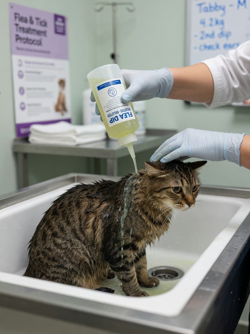 Veterinarian applying flea dip solution to a tabby cat in a treatment tub during a professional flea treatment session