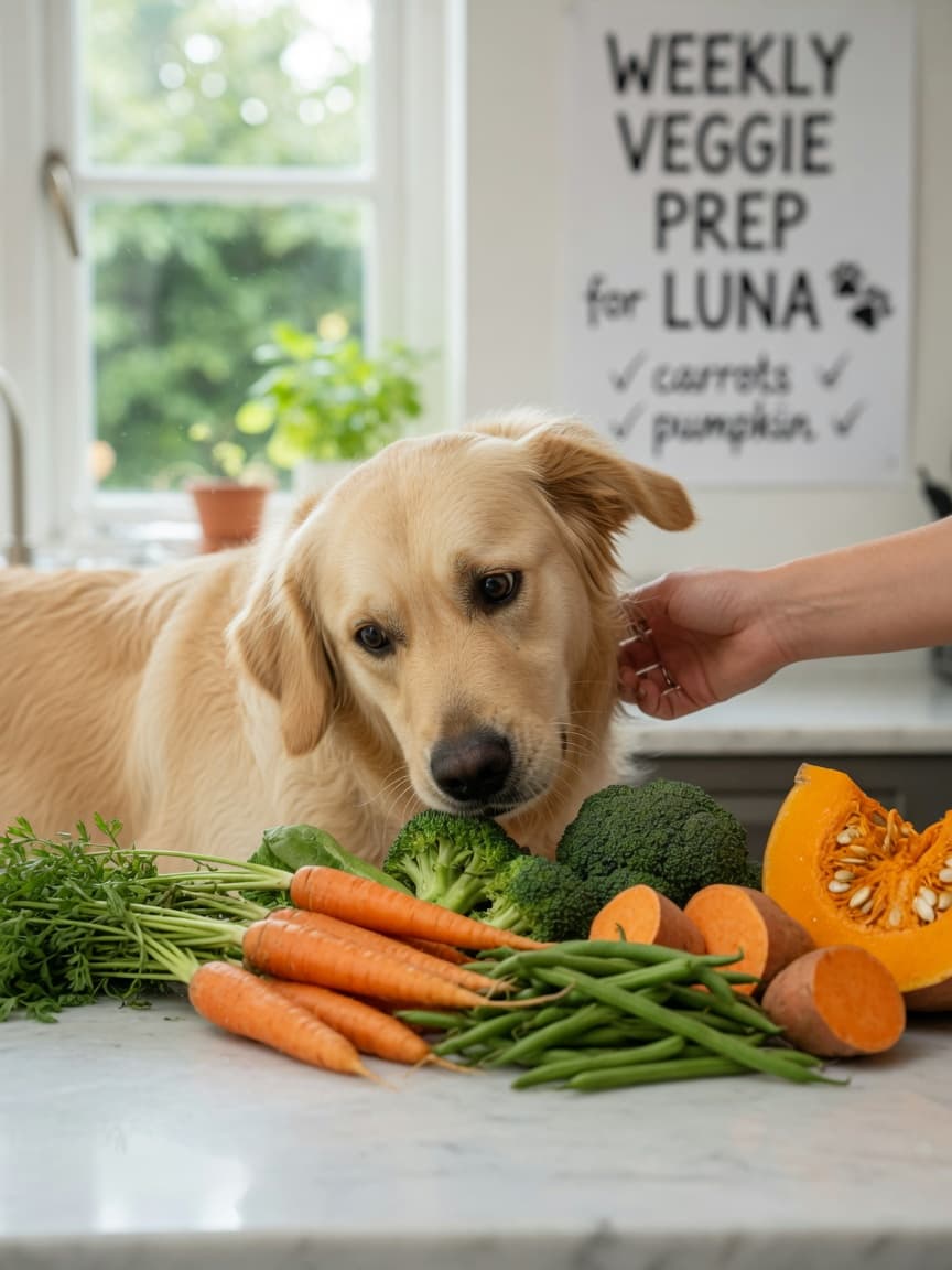 Golden retriever sniffing fresh vegetables on a kitchen counter with natural daylight