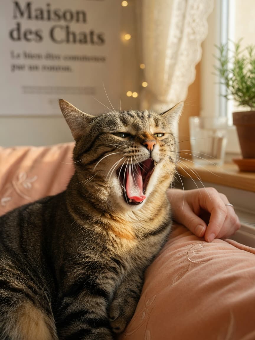 A tabby cat yawning widely while sitting on a soft cushion near a sunny window, with a human hand gently visible nearby, conveying trust and affection.