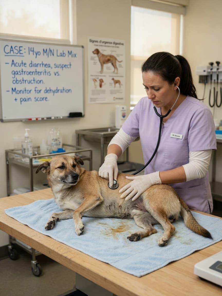 Veterinarian examining a dog's abdomen for signs of pain or distension during an emergency consultation