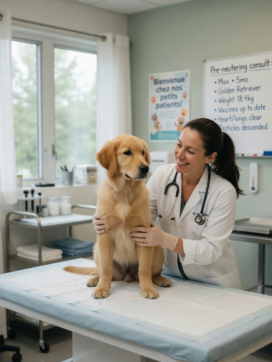 Golden Retriever puppy having pre-neutering consultation with veterinarian on examination table