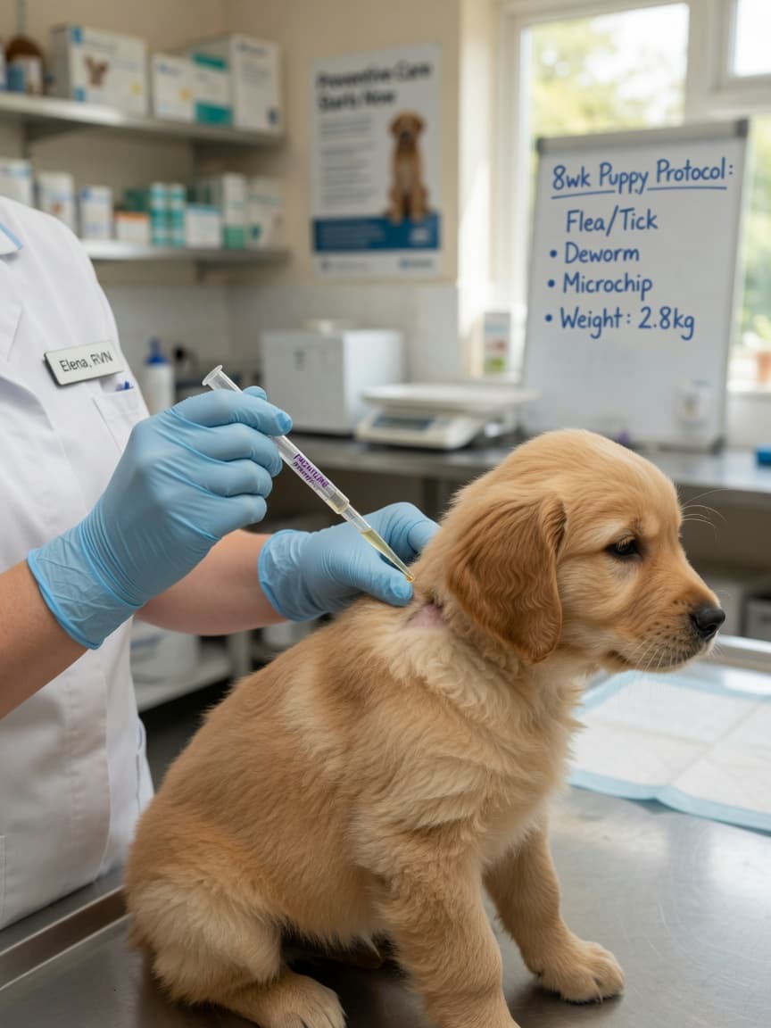 Veterinary nurse applying topical flea and tick treatment to an 8-week-old Golden Retriever puppy's neck during a veterinary examination