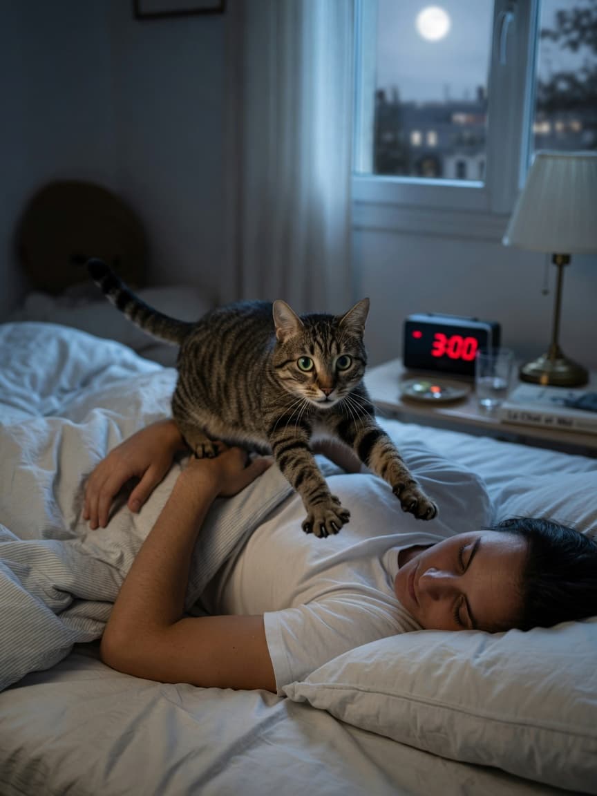 A tabby cat mid-pounce on an owner's chest in bed at night, demonstrating nocturnal wake-up behavior