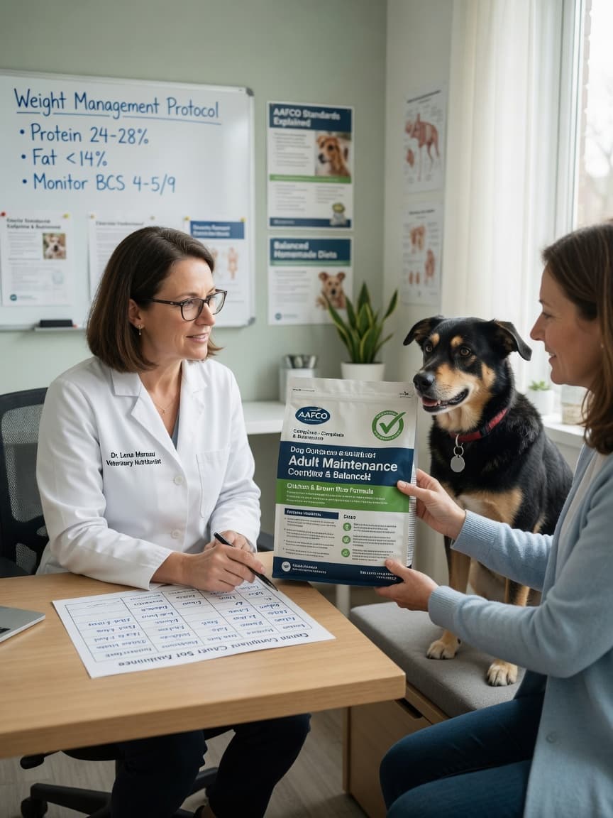 Veterinary nutritionist reviewing AAFCO-compliant dog food with pet owner and healthy dog in modern clinic
