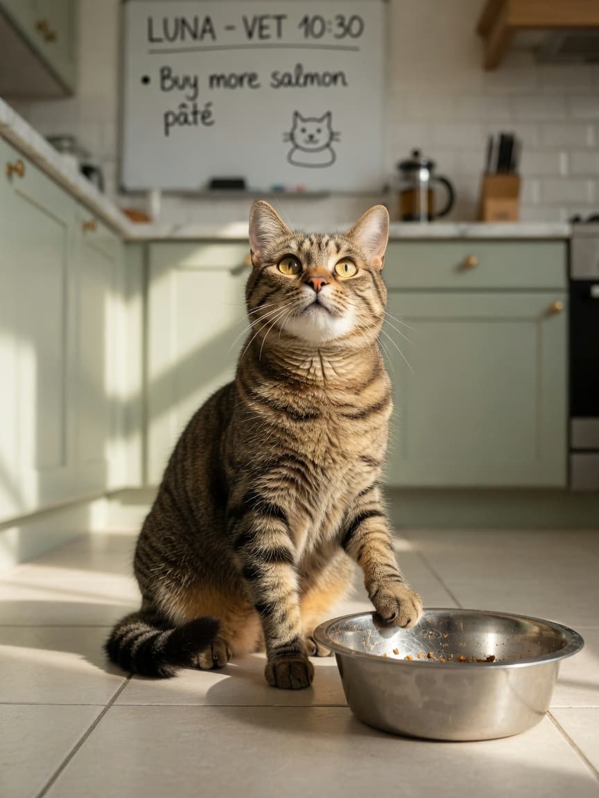 A hungry tabby cat sitting by an empty food bowl in bright kitchen light, gazing up expectantly.