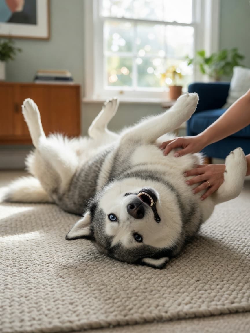 Siberian Husky lying dramatically on its back with paws in the air, playfully resisting being picked up by owner indoors