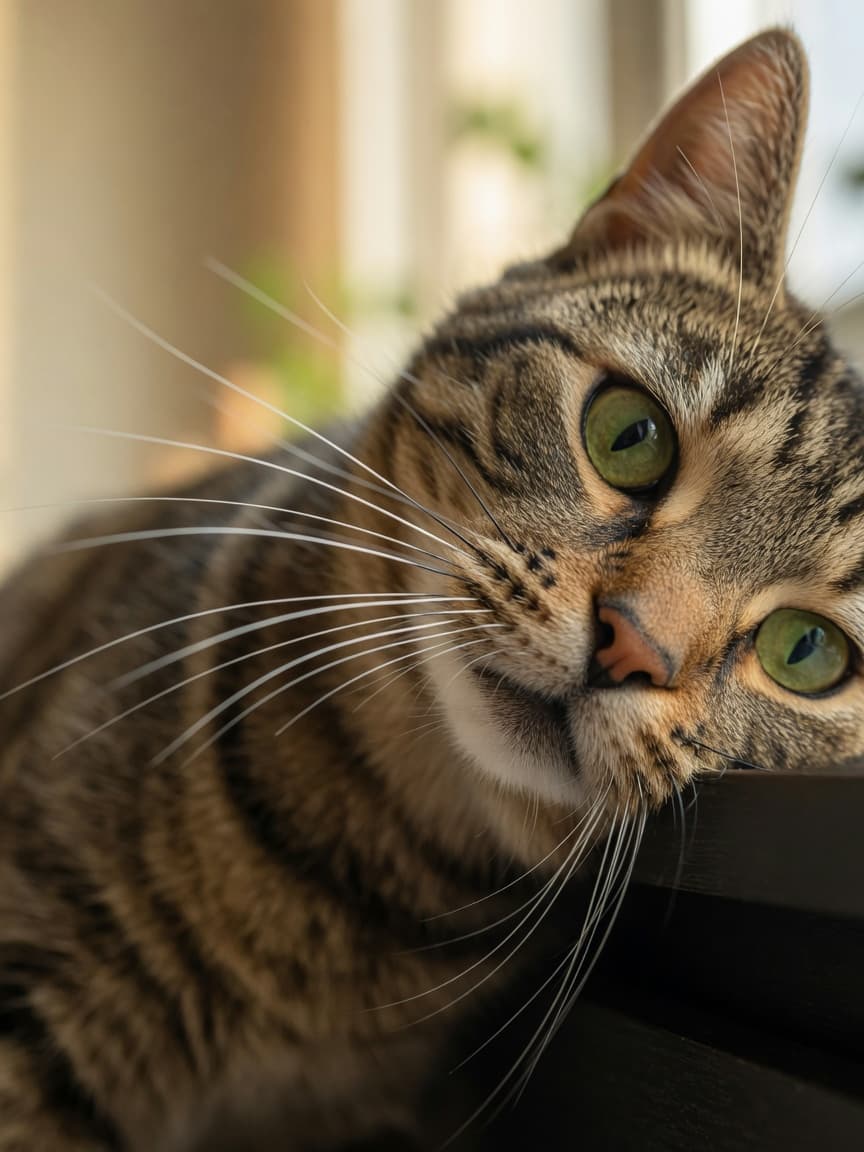 Close-up of a tabby cat's whiskers in sharp focus, illuminated by natural light, showing the cat exploring a narrow space to demonstrate spatial awareness function.
