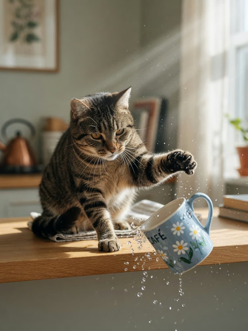 Tabby cat knocking a ceramic mug off a shelf with water splashing