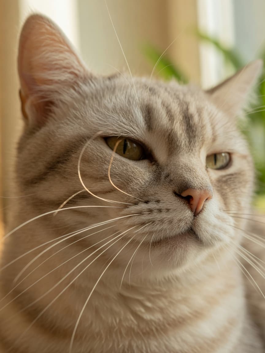 Close-up of a cat's face with a whisker gently falling away, showing the whisker follicles and natural shedding process in soft natural light