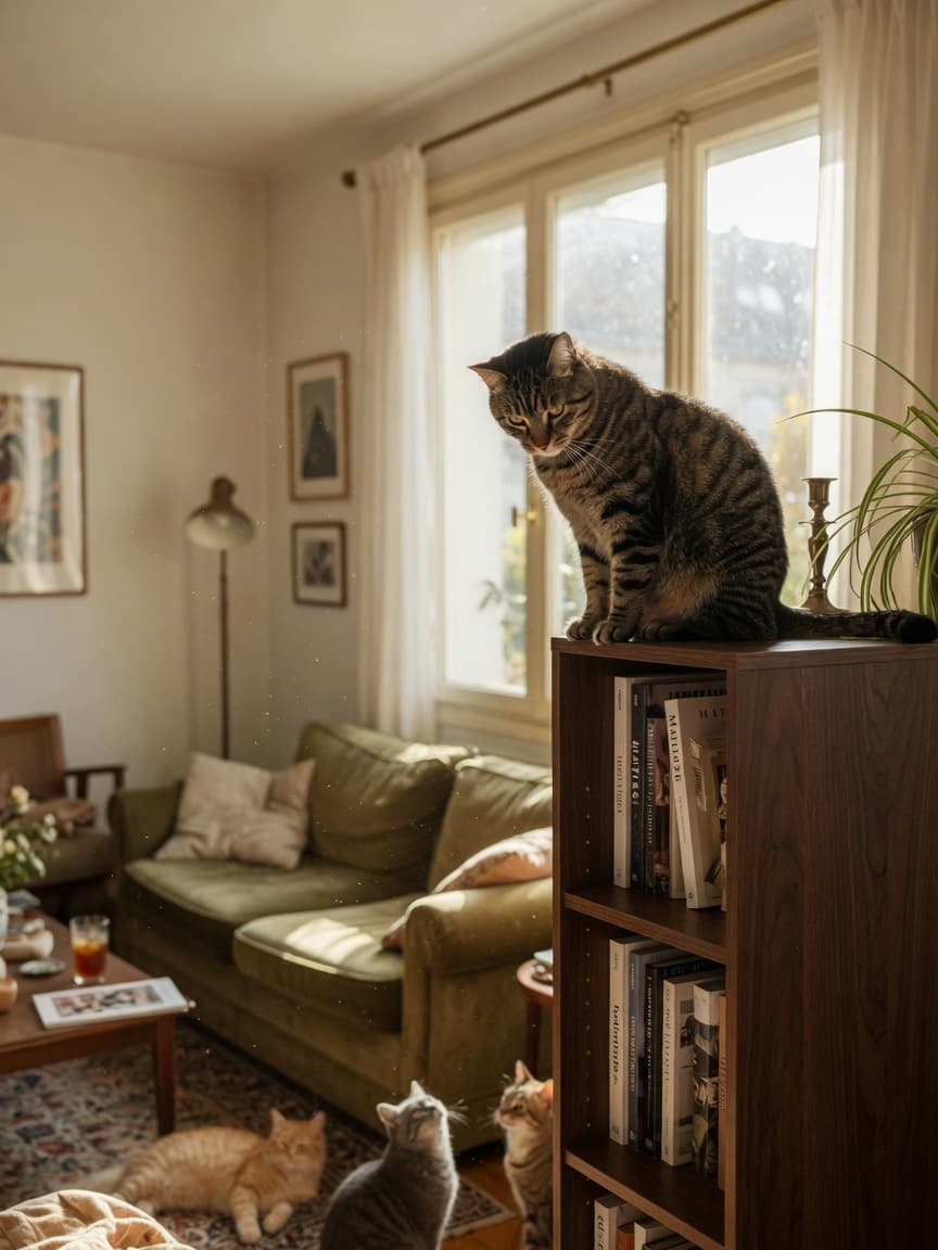 Tabby cat sitting on top of a tall bookshelf, looking down at the room below with alert expression