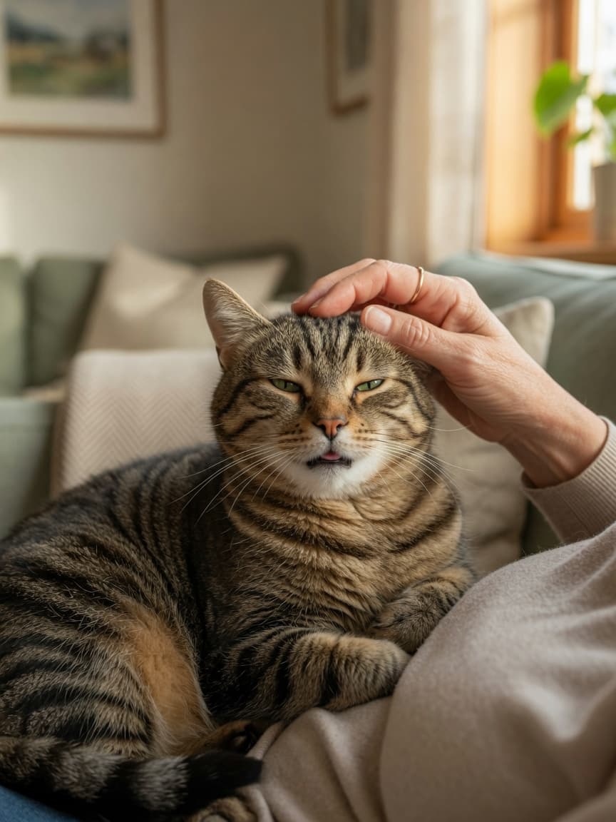 A relaxed tabby cat purring contentedly on owner's lap with hand gently stroking its head, bathed in warm window light