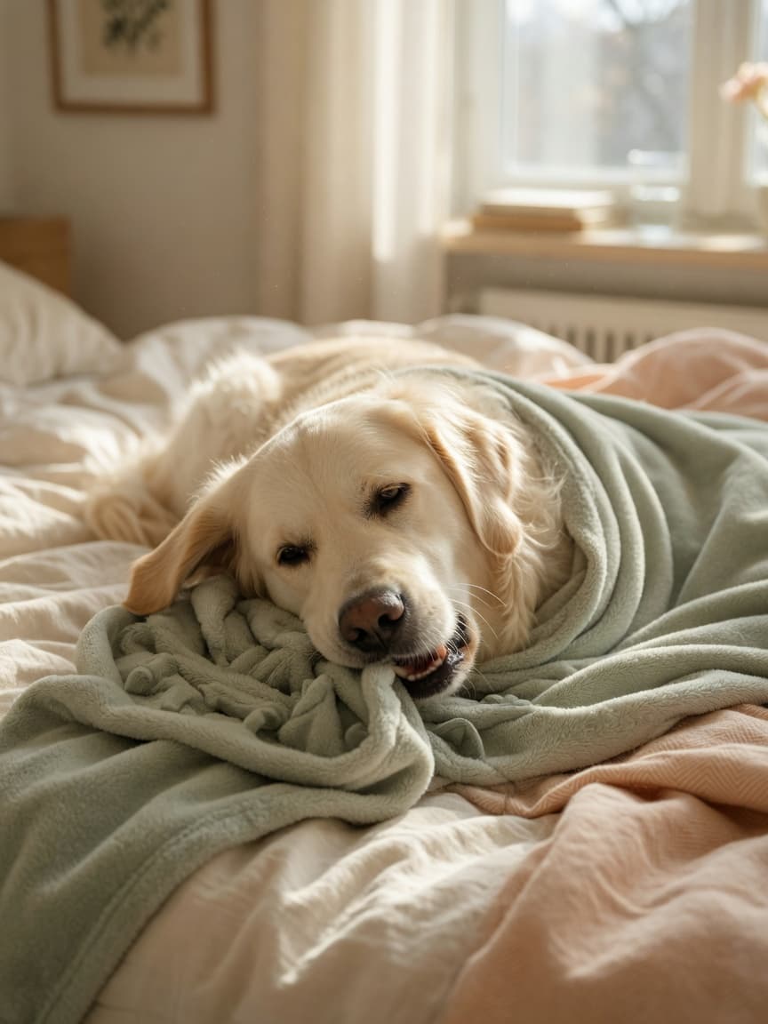 Golden retriever peacefully sucking on a soft blanket while resting on a bed in natural daylight