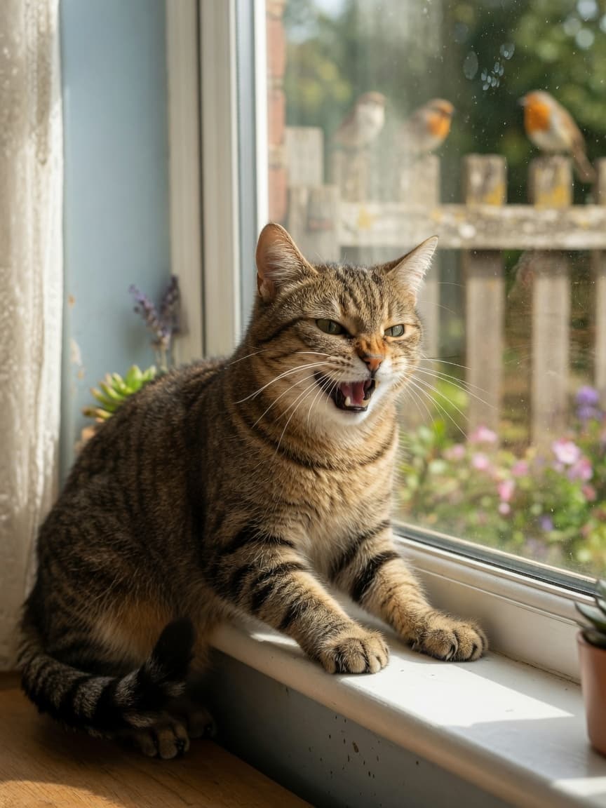 Tabby cat at window with quivering jaw, intently watching birds outside
