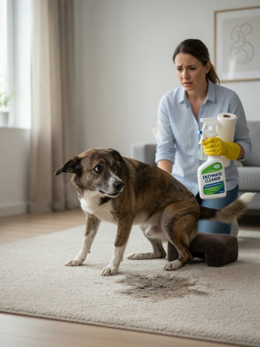 A dog having an indoor accident on carpet while owner watches with cleaning supplies nearby