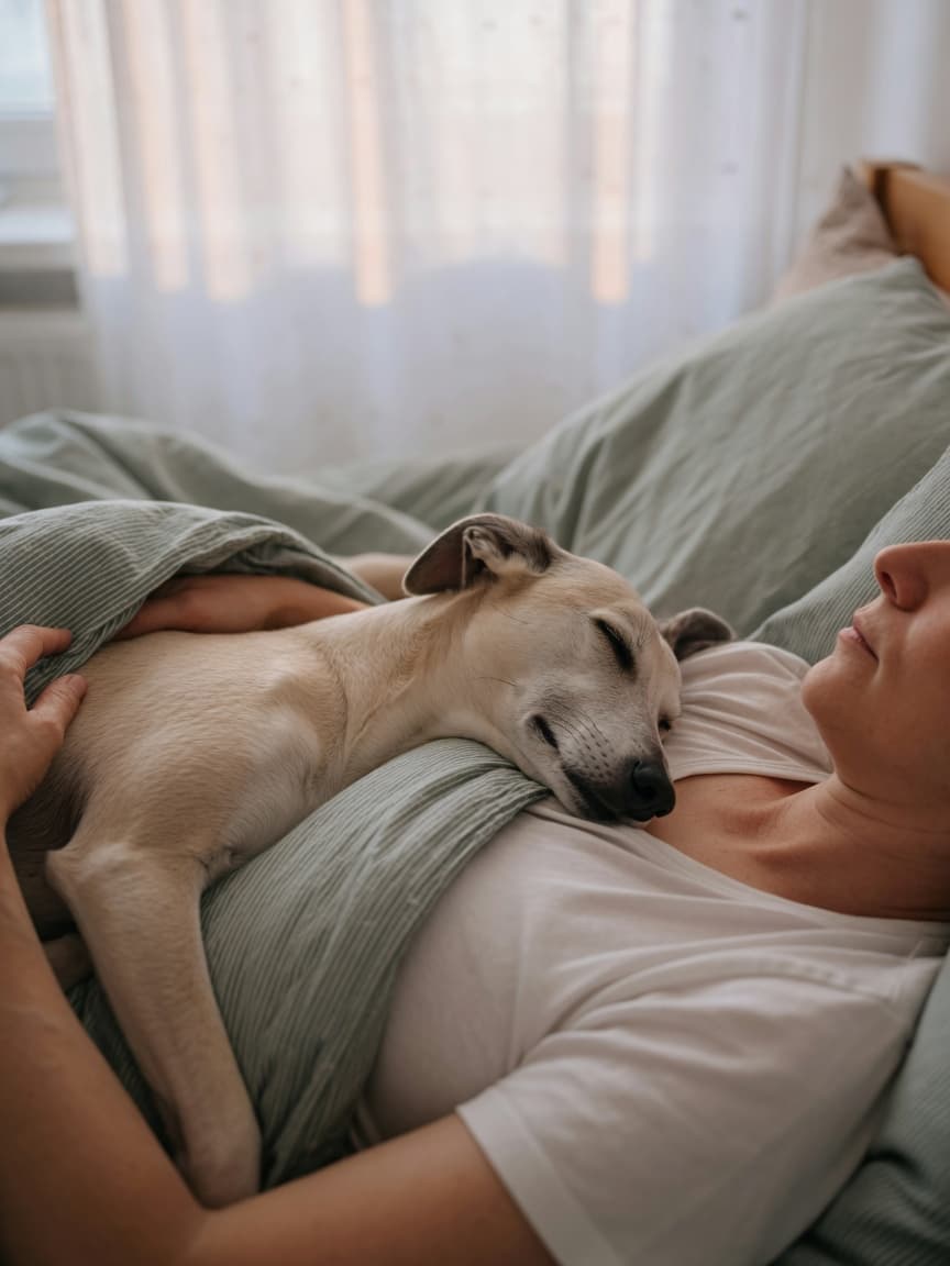 Dog sleeping peacefully against owner's chest in bed with morning light