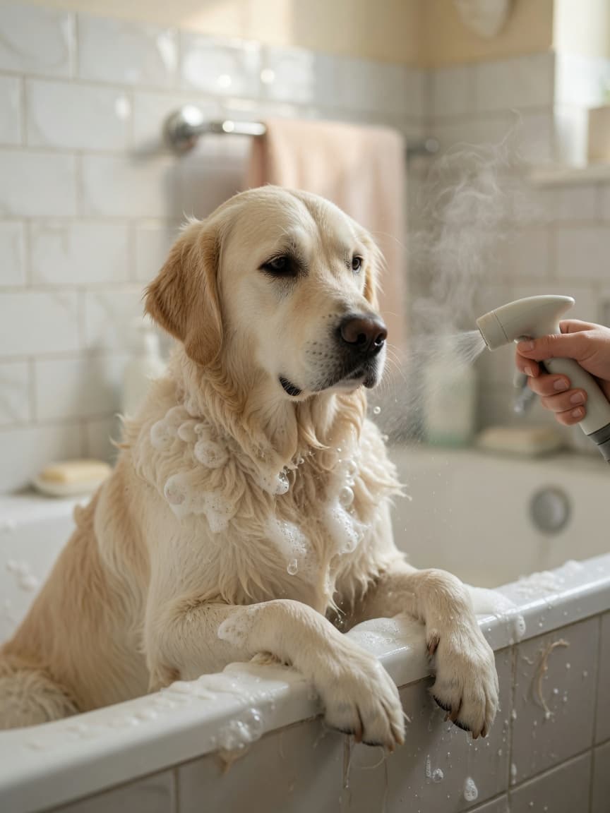 Golden retriever being gently bathed with warm water and pH-balanced dog shampoo in a clean bathroom setting