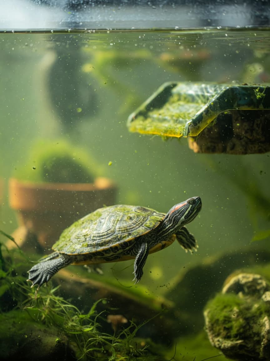 A turtle tank filled with green, murky water caused by algae bloom, with a red-eared slider turtle barely visible swimming through the cloudy water.
