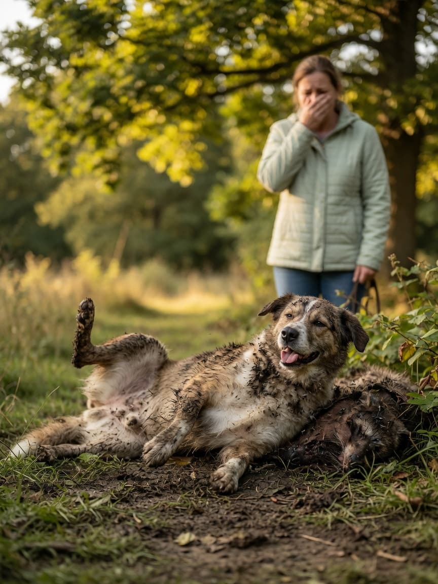 Dog rolling in dead animal remains with visible pleasure while owner reacts in disgust