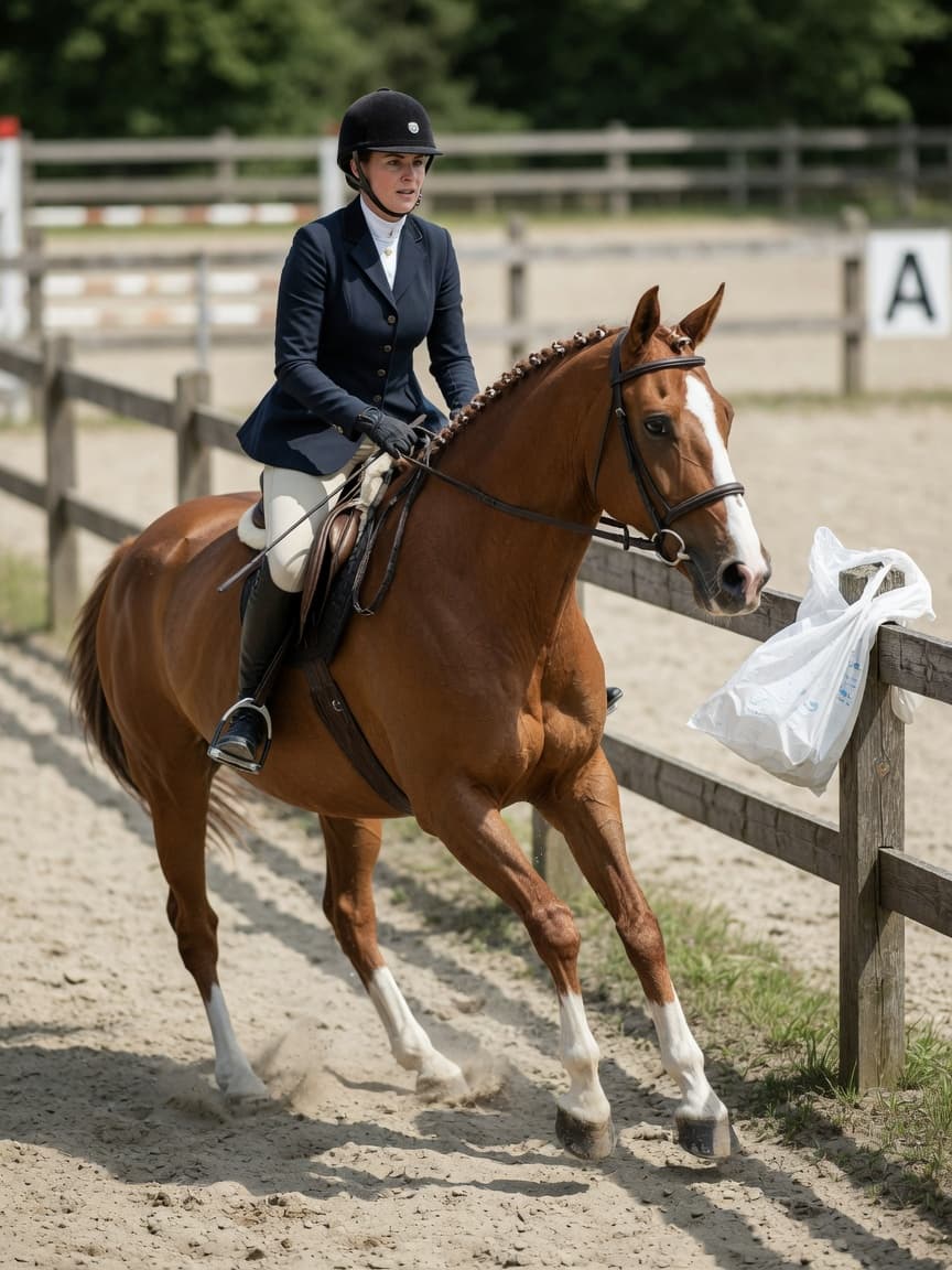 Chestnut horse with white blaze shying away from a plastic bag, rider maintaining calm contact in the saddle