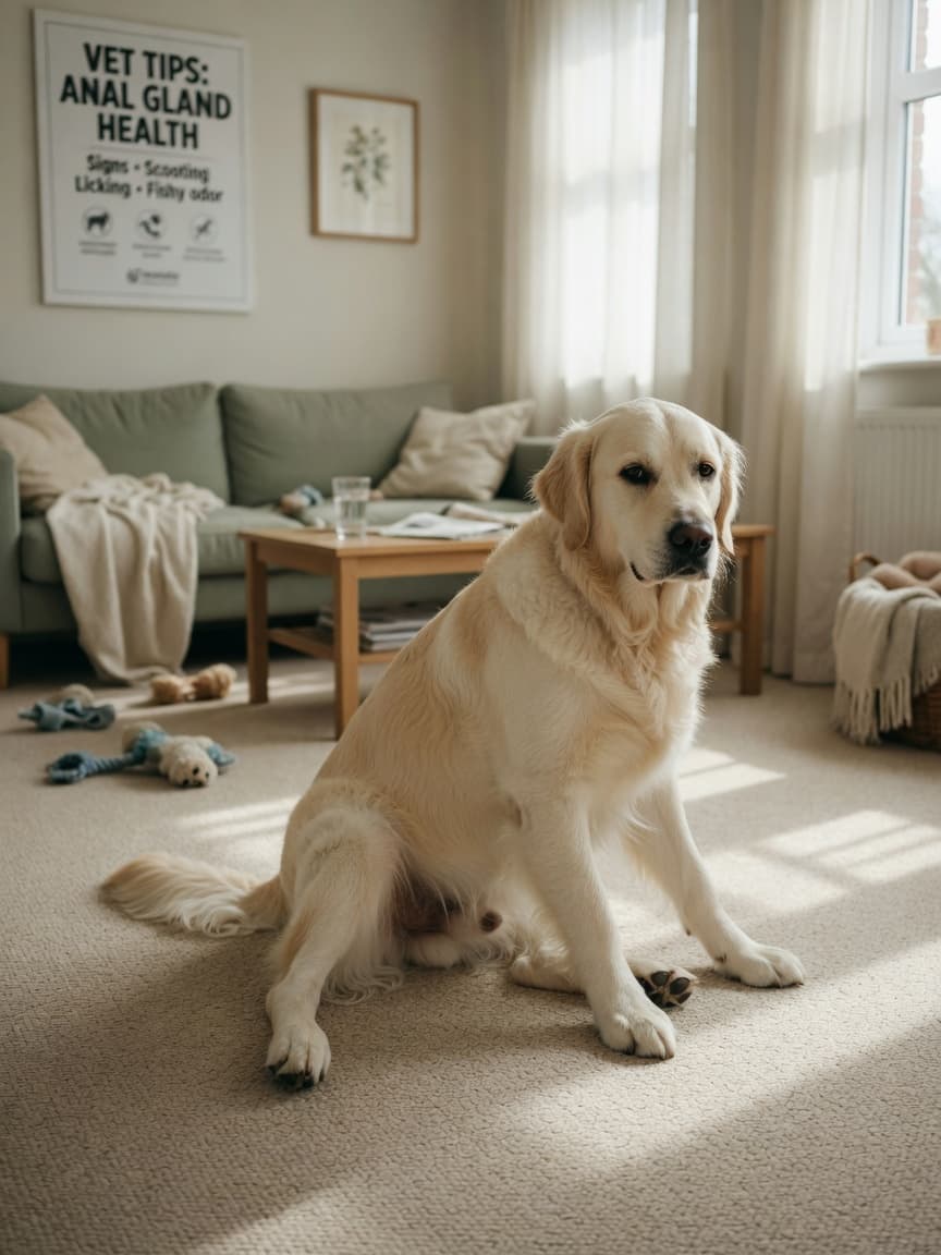 Golden retriever scooting across carpet with rear end lowered, showing characteristic bottom-dragging behavior indoors