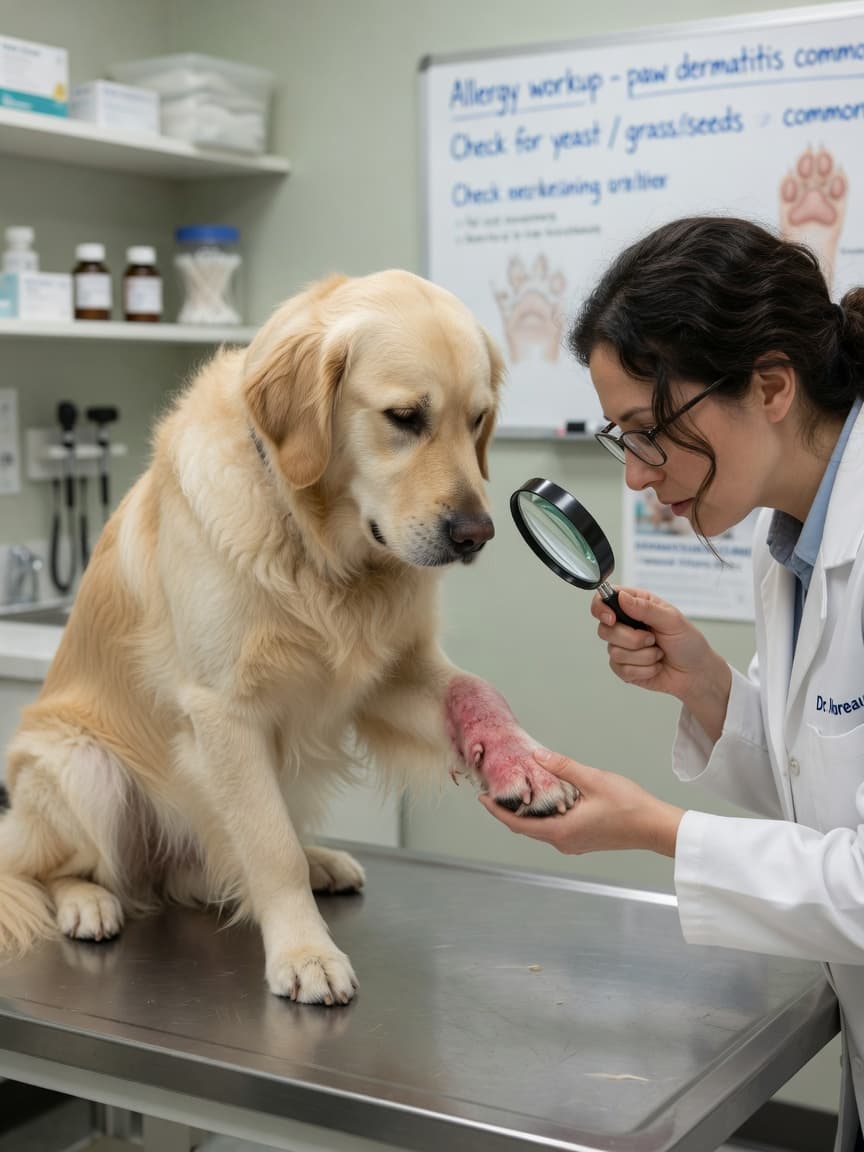Veterinarian examining a Golden Retriever's inflamed paw pad during a clinical examination