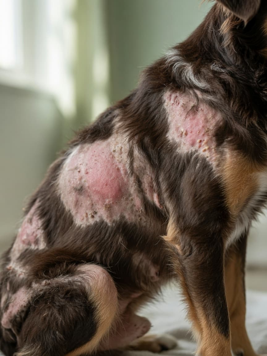 Close-up of a dog's shoulder showing patchy hair loss and bald spots with visible skin irritation