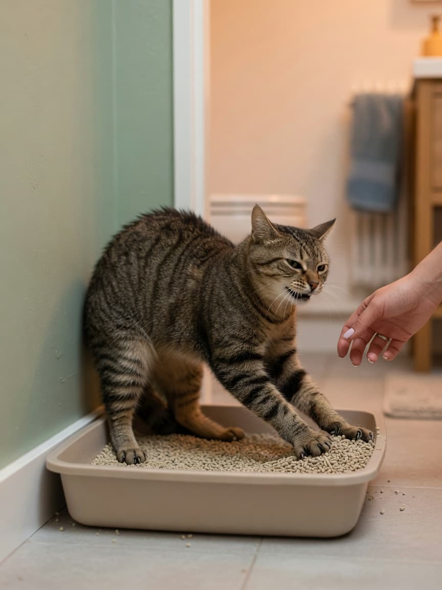 Male cat straining in litter box showing signs of urinary distress and discomfort
