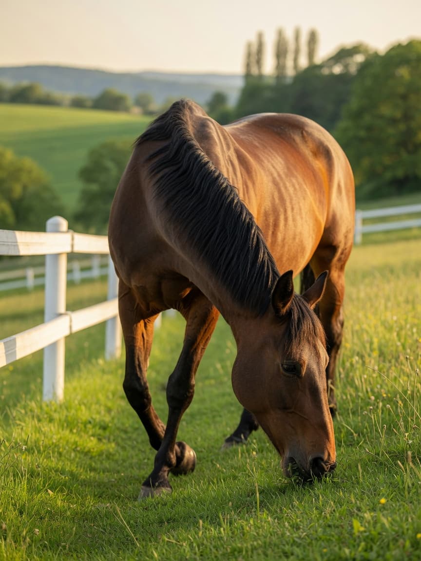 A bay horse contentedly grazing in a sunlit green pasture with rolling hills in the background