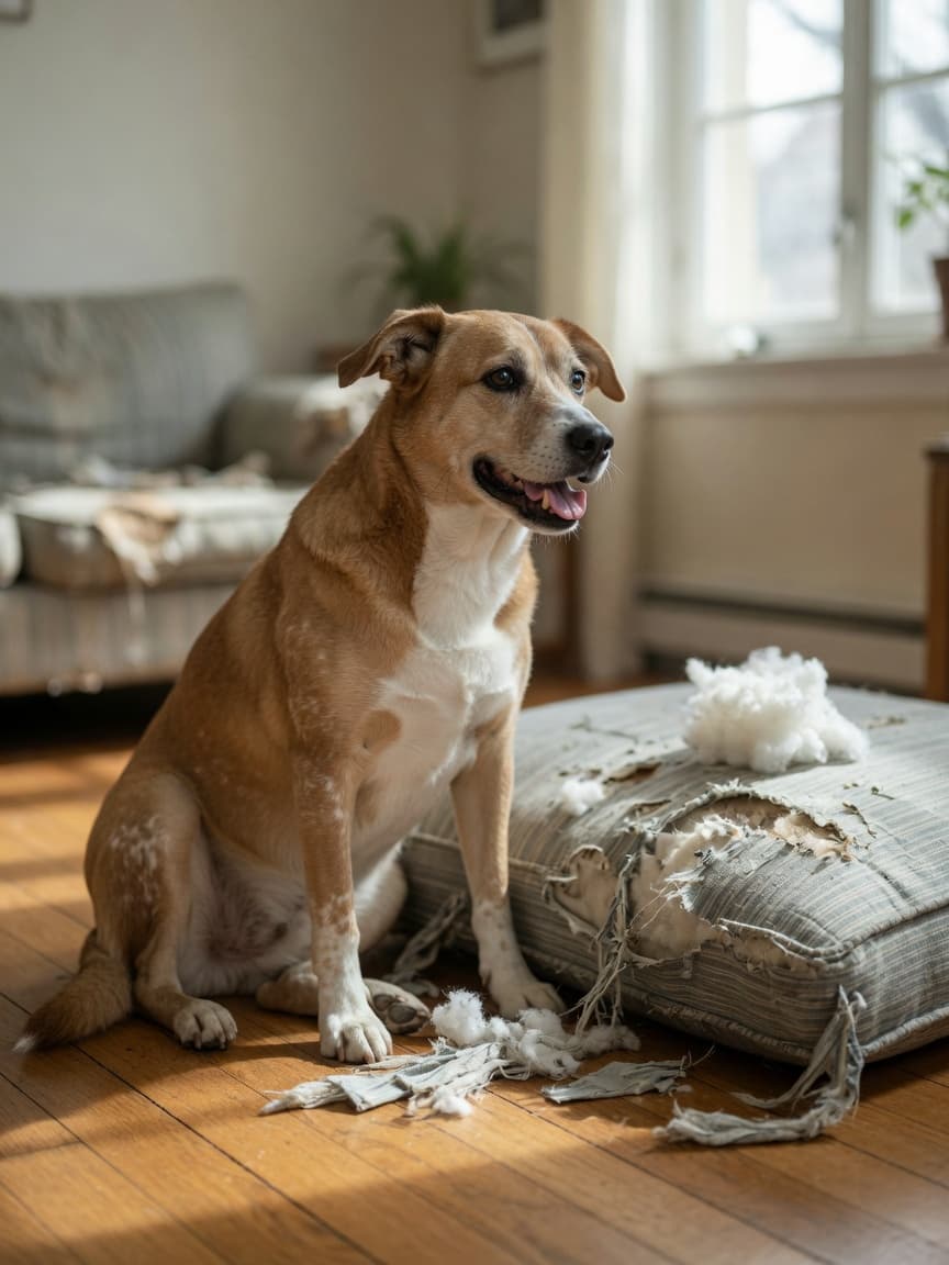 Bored dog sitting next to a destroyed sofa cushion with stuffing, demonstrating destructive behaviour from lack of stimulation