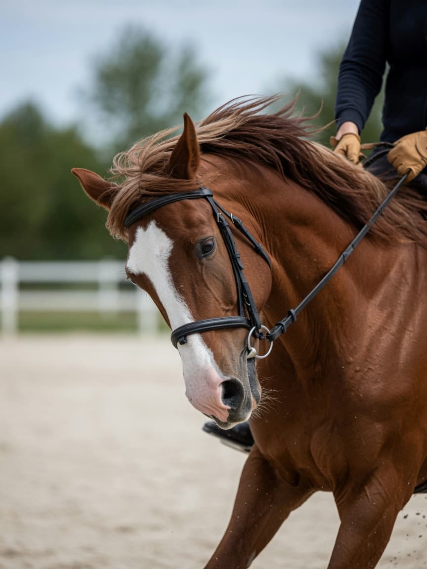 Chestnut horse with white blaze tossing its head sharply during ridden work, showing the typical head tossing behaviour described in the article.